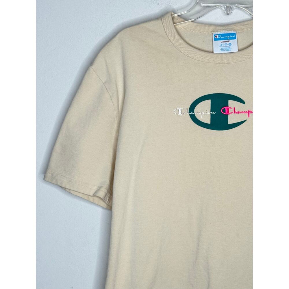Champion‎ Logo Graphic Tee Beige Cream Short Sleeve Large Y2K Casual Streetwear - Picture 3 of 9
